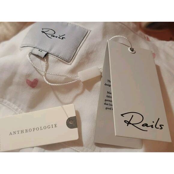 Anthropologie Rails M White Button Down Long Sleeve Pink Hearts Waist Tie Shirt - Picture 15 of 15